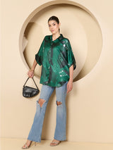 Women's Green Casual Kimono Sleeve Shirt Style Top