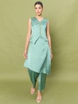 Women's Green Embellished V-Neck Top With Trousers Co-ords Set