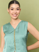 Women's Green Embellished V-Neck Top With Trousers Co-ords Set