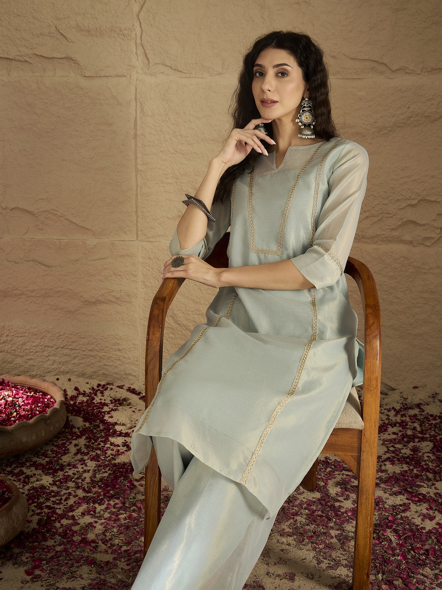 Women's Elegant Sky Blue Ethnic Shimmer Kurta Set