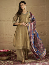 Women's Gold Ethnic Solid Ankle Length Trousers And Printed Dupatta Kurta Set