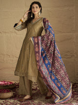 Women's Gold Ethnic Solid Ankle Length Trousers And Printed Dupatta Kurta Set