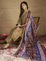 Women's Gold Ethnic Solid Ankle Length Trousers And Printed Dupatta Kurta Set