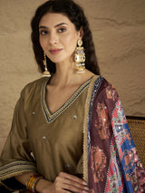 Women's Gold Ethnic Solid Ankle Length Trousers And Printed Dupatta Kurta Set