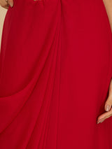 Women's Red Embellished Square Neck Top with Skirt