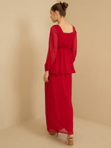 Women's Red Embellished Square Neck Top with Skirt