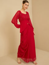 Women's Red Embellished Square Neck Top with Skirt