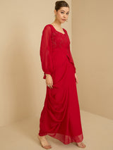 Women's Red Embellished Square Neck Top with Skirt
