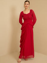 Women's Red Embellished Square Neck Top with Skirt