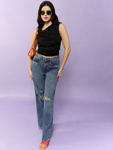 Women's Black Party Skinny Fit Solid Top