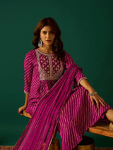 Women's Purple Bandhani Printed Anarkali with Zari-Embroidered Yoke Paired with Solid Trouser and Dupatta