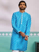 Men's Blue Silk Blend Printed Kurta With Embroidered Colllar