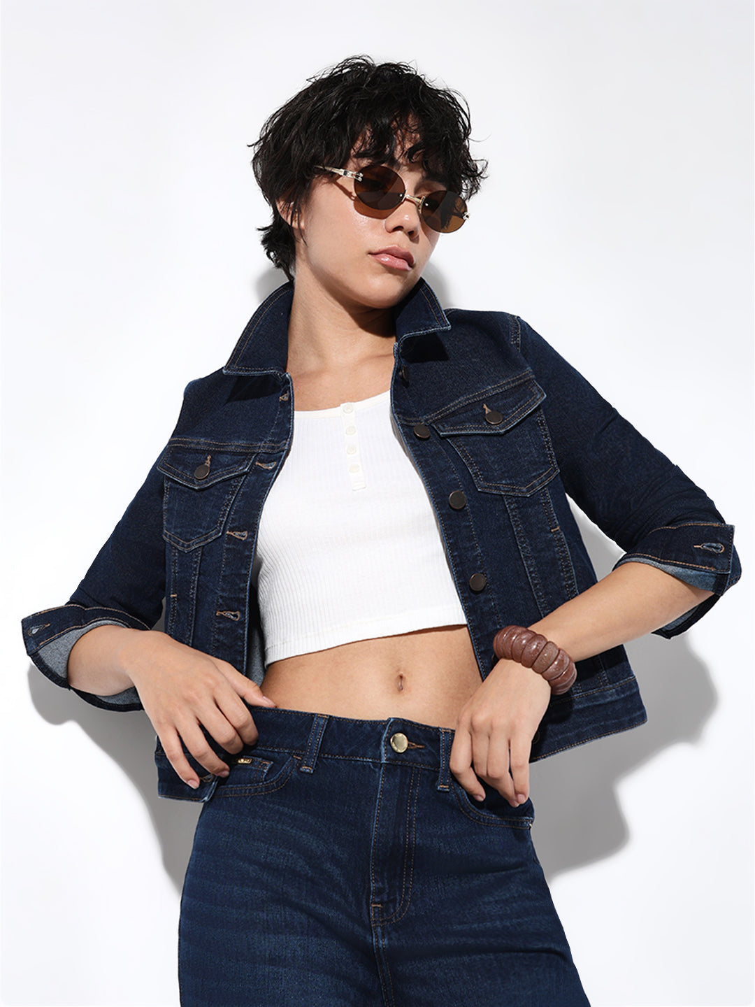 Women's Blue Solid Casual Denim Jacket