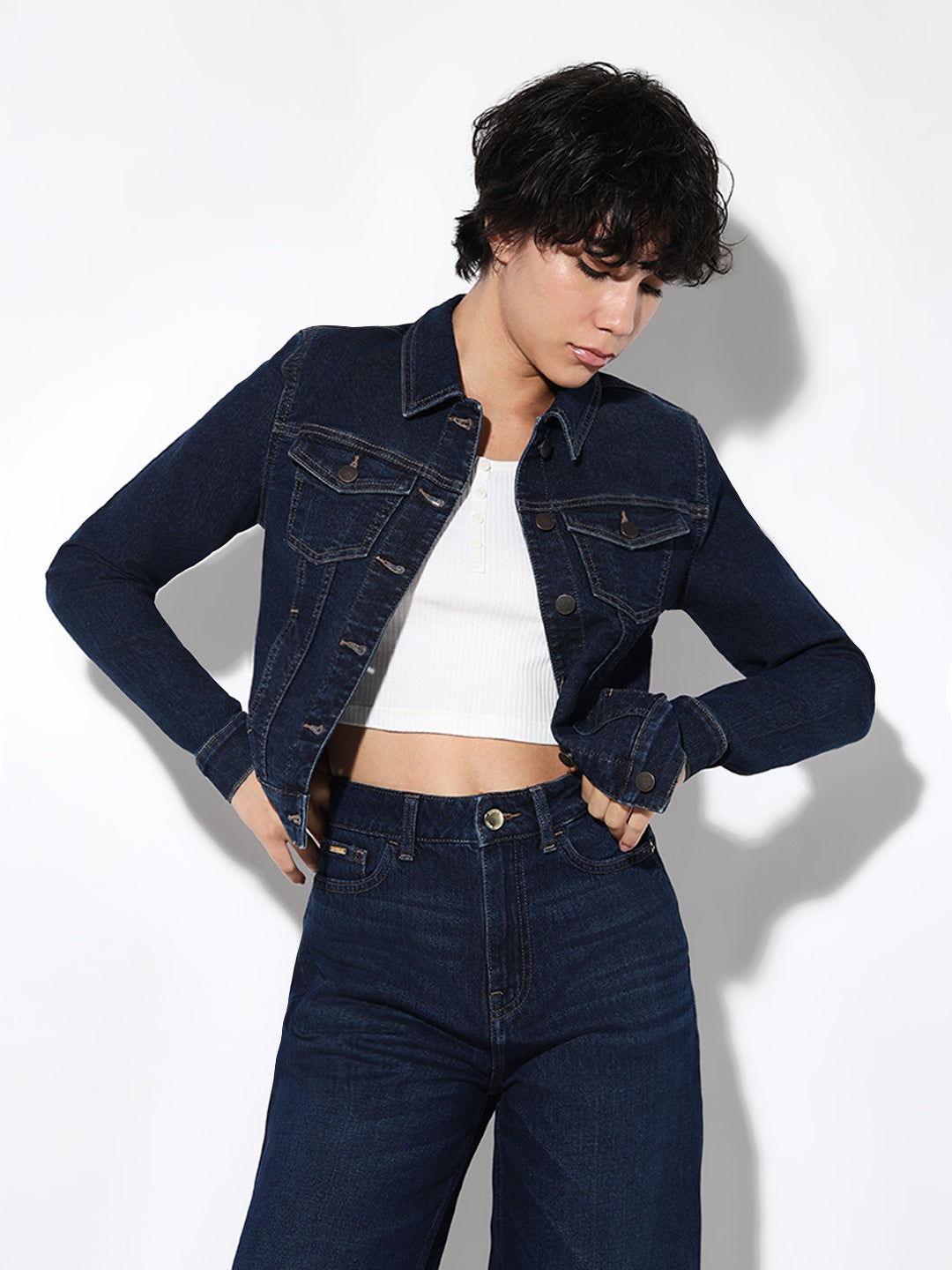 Women's Blue Solid Casual Denim Jacket