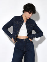 Women's Blue Solid Casual Denim Jacket