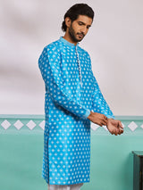 Men's Blue Silk Blend Printed Kurta With Embroidered Colllar