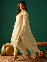 Women's Gold Zari-Embroidered Kurta Paired with Solid Trouser and Tonal Dupatta