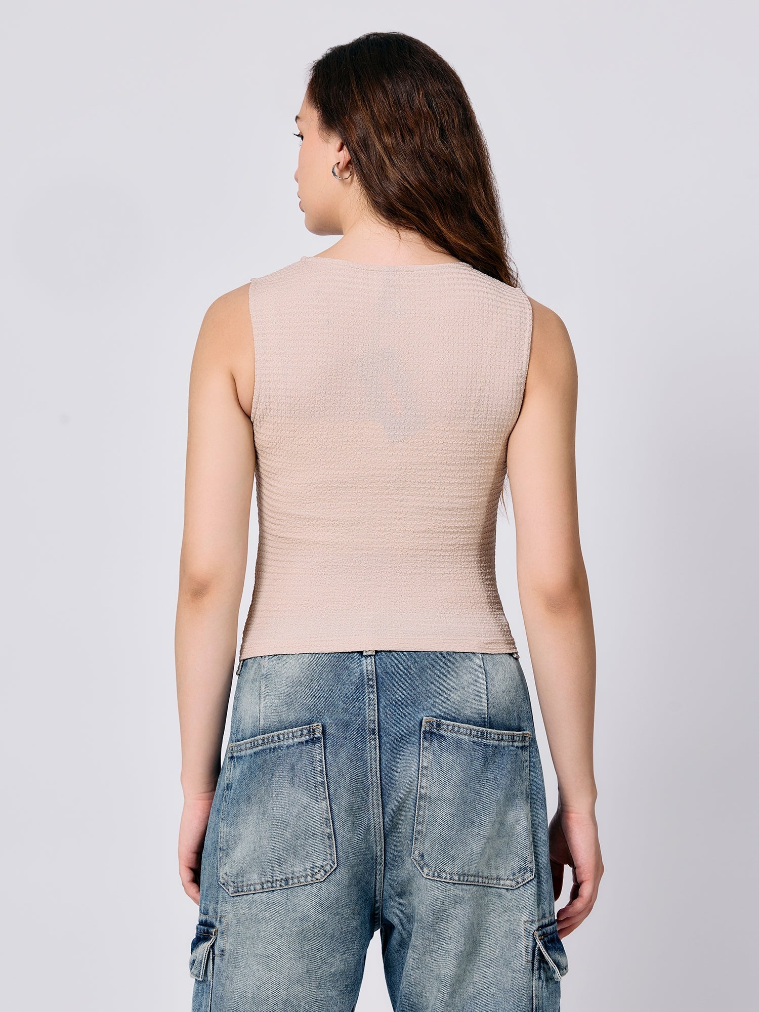 Women's Beige Textured Assymetric Hem Tank