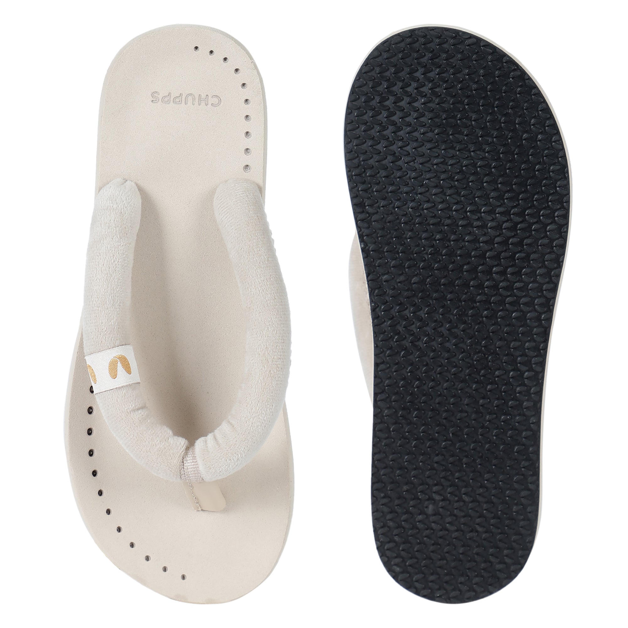 Women's Plush Beige Round Toe Polyurethane Casual Flip-flops