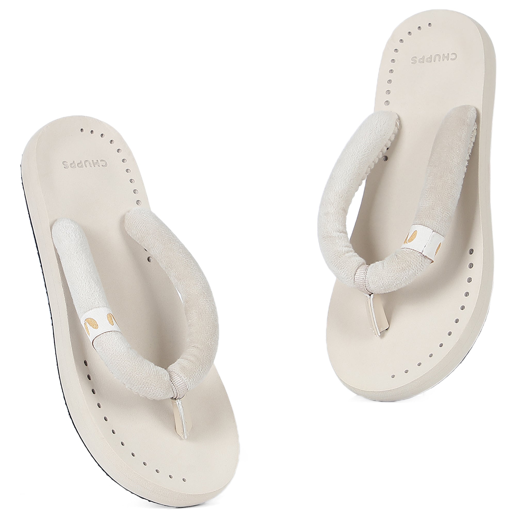 Women's Plush Beige Round Toe Polyurethane Casual Flip-flops