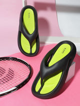 Women's Dune Black Neon Green Round Toe Polyurethane Casual Flip-flops