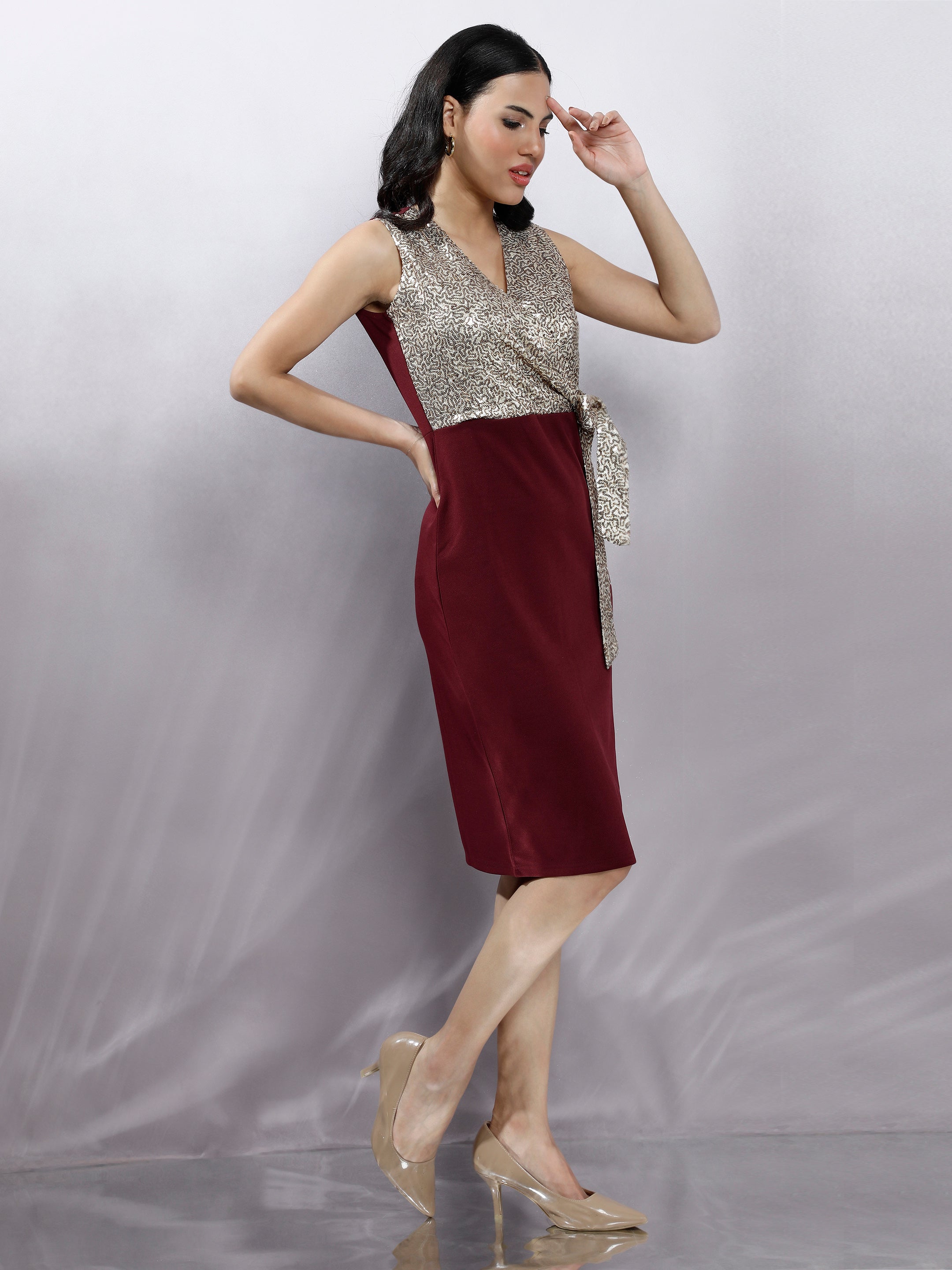 Women's Bodycon Maroon Knee Length Party Dress