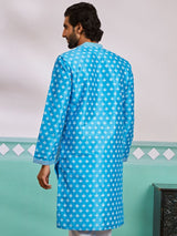 Men's Blue Silk Blend Printed Kurta With Embroidered Colllar