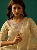 Women's Gold Zari-Embroidered Kurta Paired with Solid Trouser and Tonal Dupatta