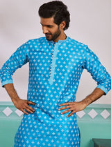 Men's Blue Silk Blend Printed Kurta With Embroidered Colllar