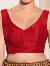 Women's Red Mulbury Silk Padded Back Open Sleeveless Saree Blouse