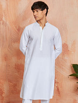 Men's White Cotton Self Design Embroidered Collar Kurta
