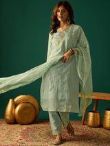 Women's Sea Green Zari Embroidered Kurta Paired with Solid Trouser and Tonal Dupatta