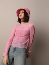 Women's Pink Solid Casual Rib-Knit Top