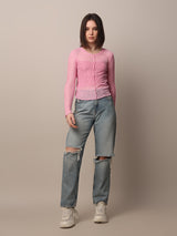 Women's Pink Solid Casual Rib-Knit Top