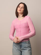 Women's Pink Solid Casual Rib-Knit Top