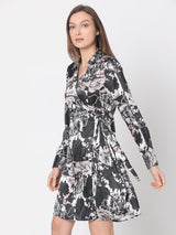 Women's Black Floral Mock Wrap Dress
