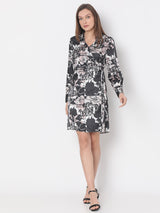 Women's Black Floral Mock Wrap Dress