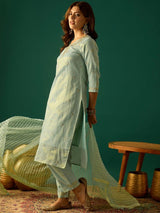 Women's Sea Green Zari Embroidered Kurta Paired with Solid Trouser and Tonal Dupatta