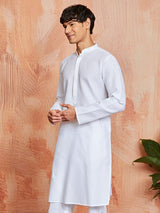 Men's White Cotton Self Design Embroidered Collar Kurta