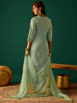 Women's Sea Green Zari Embroidered Kurta Paired with Solid Trouser and Tonal Dupatta