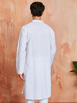 Men's White Cotton Self Design Embroidered Collar Kurta