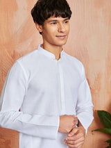 Men's White Cotton Self Design Embroidered Collar Kurta