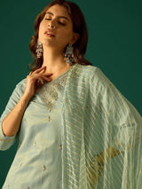 Women's Sea Green Zari Embroidered Kurta Paired with Solid Trouser and Tonal Dupatta