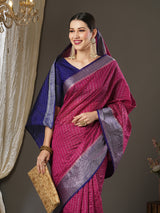 Women's Aura Silk Pink Woven Design Designer Saree With Blouse Piece