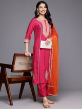 Women's Pink Zari Embroidered Contrast Yoke Kurta With Bottom And Contrast Dupatta