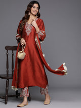 Women's Rust Thread And Sequins Embroidred Kurta With Bottom And Dupatta