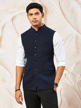 Men's Navy Suiting Fabric Embossed Work Full Sleeves Nehru Jacket