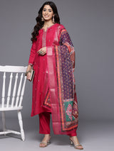Women's Pink Round Neck Embroidered Kurta Paired With Tonal Bottom & Printed Dupatta