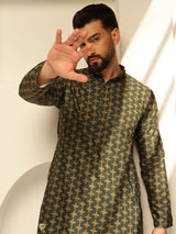 Men's Green Cotton Daman Print Long Kurta with Krochet Embroidery