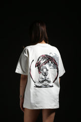 Unisex White Casual Oversized Fit Printed Half Sleeves Tshirt